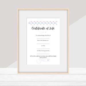 Puede incluir: Un certificado de vida imprimible con un borde decorativo de corazones rosas y azules. El texto dice "Certificado de vida" e incluye lo siguiente: "Para reconocer la vida de", "nacido en el cielo en", "el", "a sus padres amorosos", "Si el amor solo te hubiera salvado, te habrías quedado con nosotros para siempre."