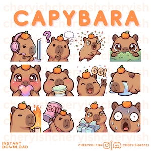 Può includere: Un foglio di adesivi digitali con dodici illustrazioni di un capibara marrone con una piccola arancia sulla testa. Il capibara è mostrato in varie espressioni e attività, tra cui giocare, piangere, mangiare e tenere un regalo, con il testo CAPYBARA.