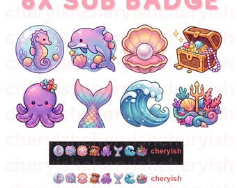 Midnight Sun Dolphin Sub Badge Pack, 8 Pastel Emotes for Twitch Instant Download