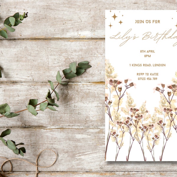 Digital boho party invite | Editable Canva invite for mobile | Birthday party invite | Beige neutral colours