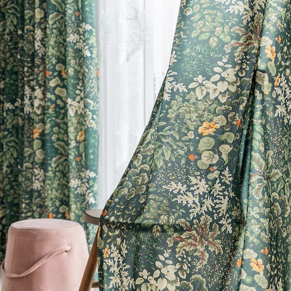 Cortinas con estampado botánico de color verde intenso, cortinas rústicas personalizadas para sala de estar, cortinas opacas florales modernas
