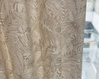 Vintage-style beige-gray jacquard curtains with a botanical pattern design