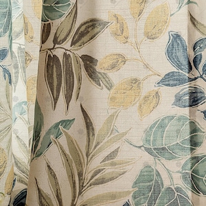 Natural Leaf Print Curtains - Green and Blue Floral Curtains for Bedroom and Living Room, Custom Size Available