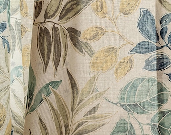 Blue & Green Leaf Print Curtains: Cotton-Linen Blend, Custom Size