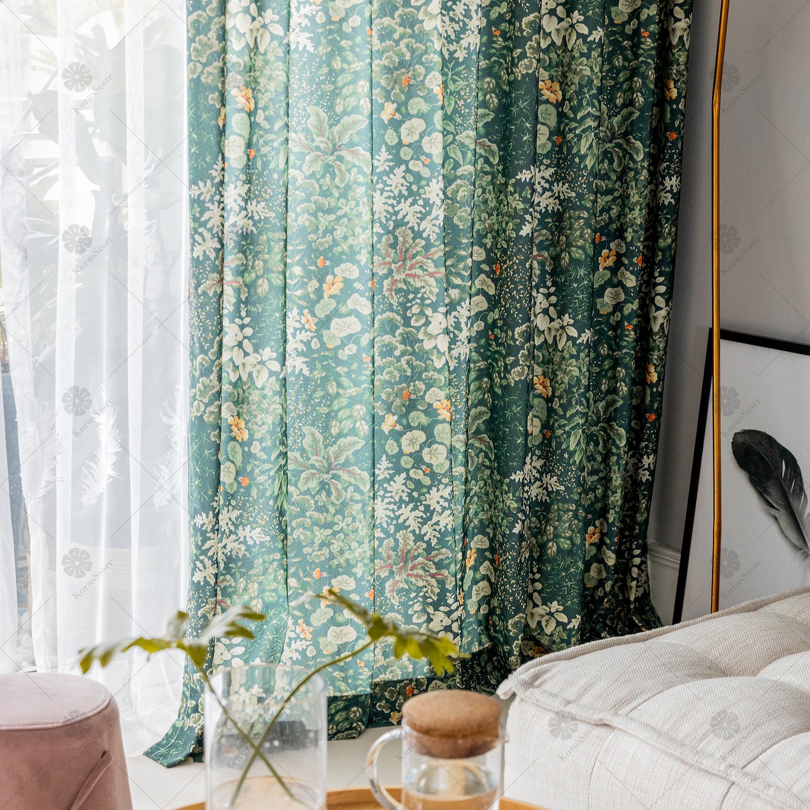 Deep Green Botanical Print Curtains, Customized Rustic Living Room ...