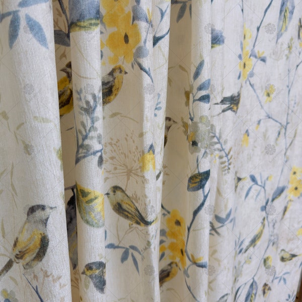 Rustic Floral Bird Pattern Bedroom Curtain, Countryside Blackout Curtain, Customizable Sizes