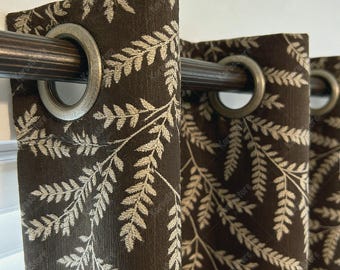 Modern Brown Botanical Blackout Curtains,Leaf Jacquard Thick Thermal Window Drapes,Grommet Top