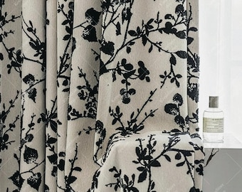 Black Jacquard Chenille Curtains, Botanical Blackout Window Drapes For Living Room