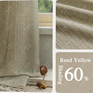 May include: Beige linen curtain with vertical textured stripes. The image shows a close-up of the fabric's weave and a label indicating "Reed Yellow" color and 60% shading. The curtain is hanging near a window.