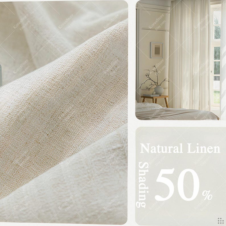 May include: Close-up of natural linen fabric with a textured weave. The image shows a light beige color, with a section of the fabric folded over. The text "Natural Linen Shading 50%" is visible in the bottom right corner.
