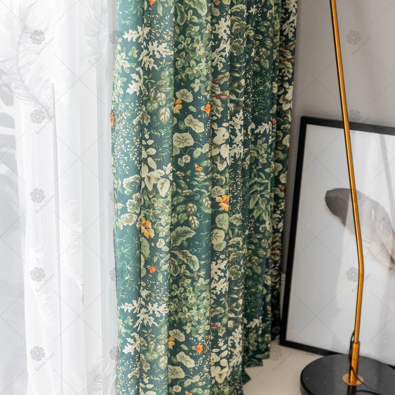 Deep Green Botanical Print Curtains, Customized Rustic Living Room Curtains, Modern Floral Blackout Curtains image 2