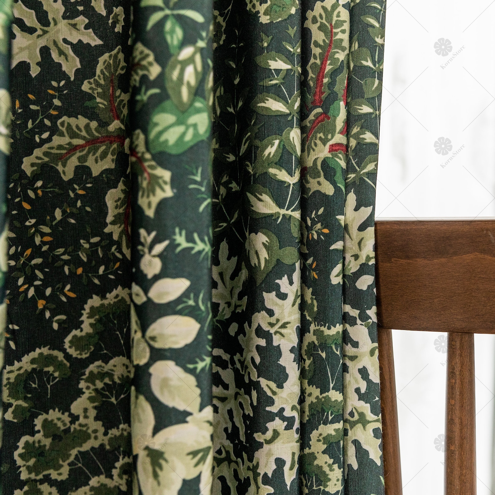Deep Green Botanical Print Curtains, Customized Rustic Living Room
