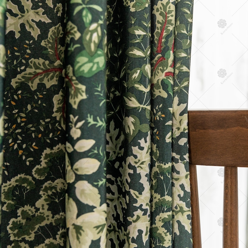 Deep Green Botanical Print Curtains, Customized Rustic Living Room Curtains, Modern Floral Blackout Curtains image 9