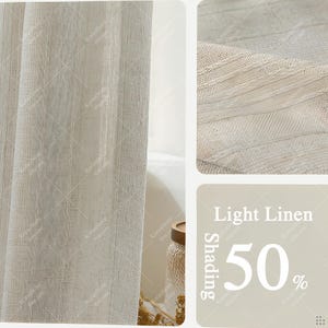 May include: Beige linen curtain with a diamond pattern. The curtain provides 50% shading and is made of light linen fabric. The image shows a close-up of the fabric's texture and weave.