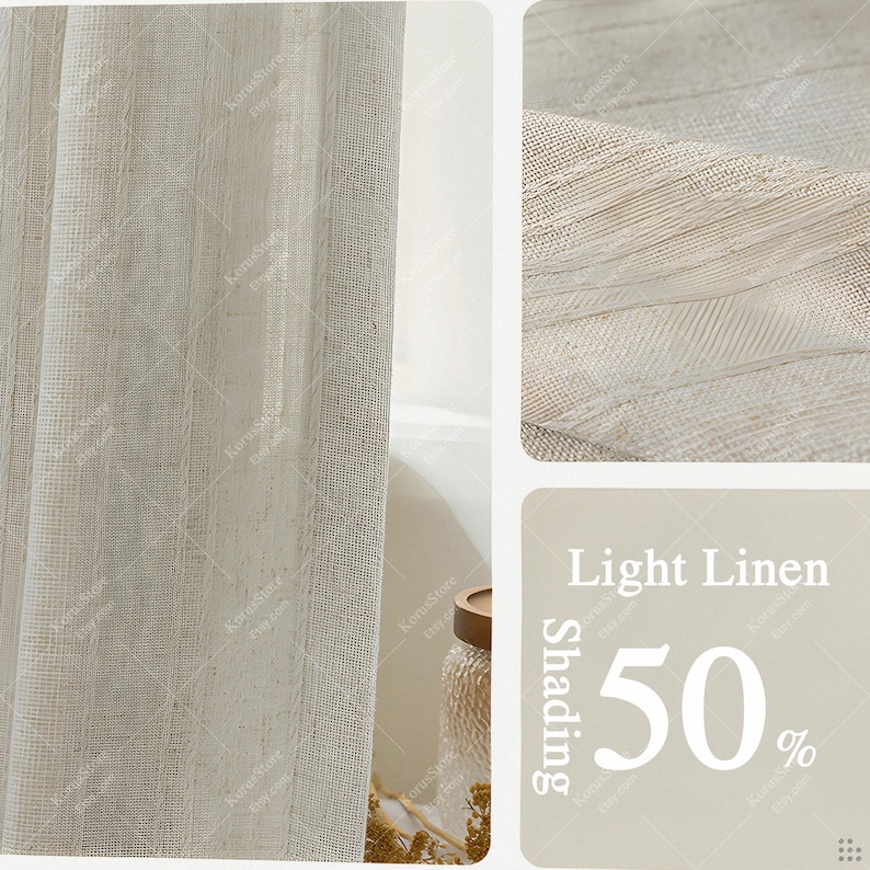 May include: Beige linen curtain with a diamond pattern. The curtain provides 50% shading and is made of light linen fabric. The image shows a close-up of the fabric's texture and weave.