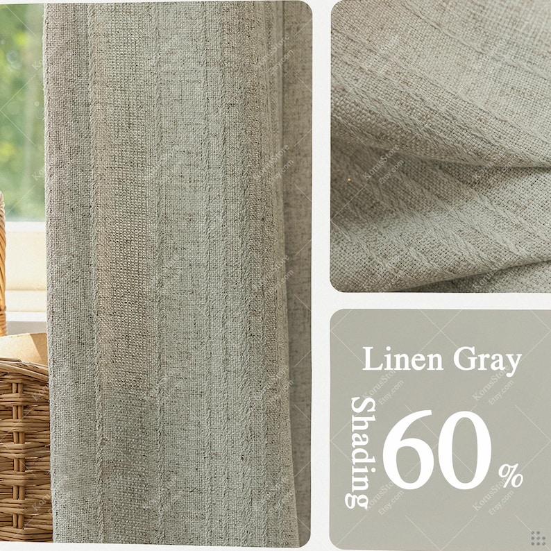 May include: Close-up of a linen gray curtain with vertical textured stripes. The fabric is a light gray color. The image also shows a close-up of the fabric texture and a label that says "Linen Gray" and "60% Shading".