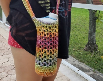 Crochet Water Bottle Holder: Multi Color Acrylic Yarn, Adjustable Strap