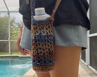 Sierra Stripe multicolor crochet water bottle holder/ two sizes of strap to choose from.