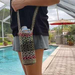 Forrest Fiesta multicolor crochet water bottle holder/ two sizes of strap to choose from.