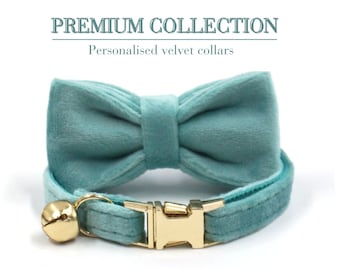 Personalized Cat Collar Kitten Girl Boy Premium Design Soft Velvet, Multicolor Collar Bow Tie Leash Set, Cat Lead,  Free Name Engraving