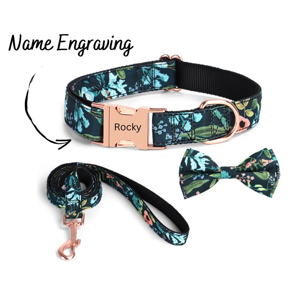 Floral Black Dog Collar and Leash Set Luxury Dog Collar With Etsy
