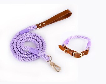 Dog  Collar Lead Rope Set Natural Cotton Rope Dog Leash, 150 cm 4.9 ft Long Dog Lead , Rainbow Dog Leash Dark Gen Blue Purple Puppy Walking