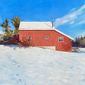 Original oil painting with snow and red house. Winter house.