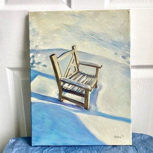 Original oil painting with snow and old chair. Oil on canvas, not print
