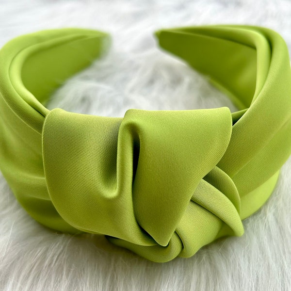 Exquis bande de cheveux vert jaunâtre, nœud supérieur classique, bandeau pour femmes, bandeau de nœud supérieur en satin de mode, bandeau en satin, nœud supérieur