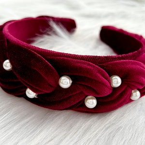 Beaded Velvet Headband,Women Padded Headbands,Pearl Braided Hairband,Vintage Burgundy Headband,Boho Headbands,Fashion Hair Accessories,Gift