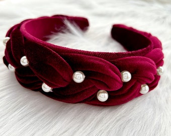 Beaded Velvet Headband,Women Padded Headbands,Pearl Braided Hairband,Vintage Burgundy Headband,Boho Headbands,Fashion Hair Accessories,Gift