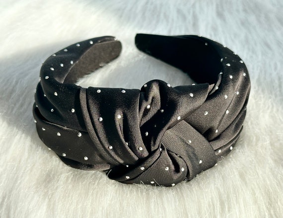 Black Satin Knotted Headband, Rhinestone Headband, Wide  display picture 1