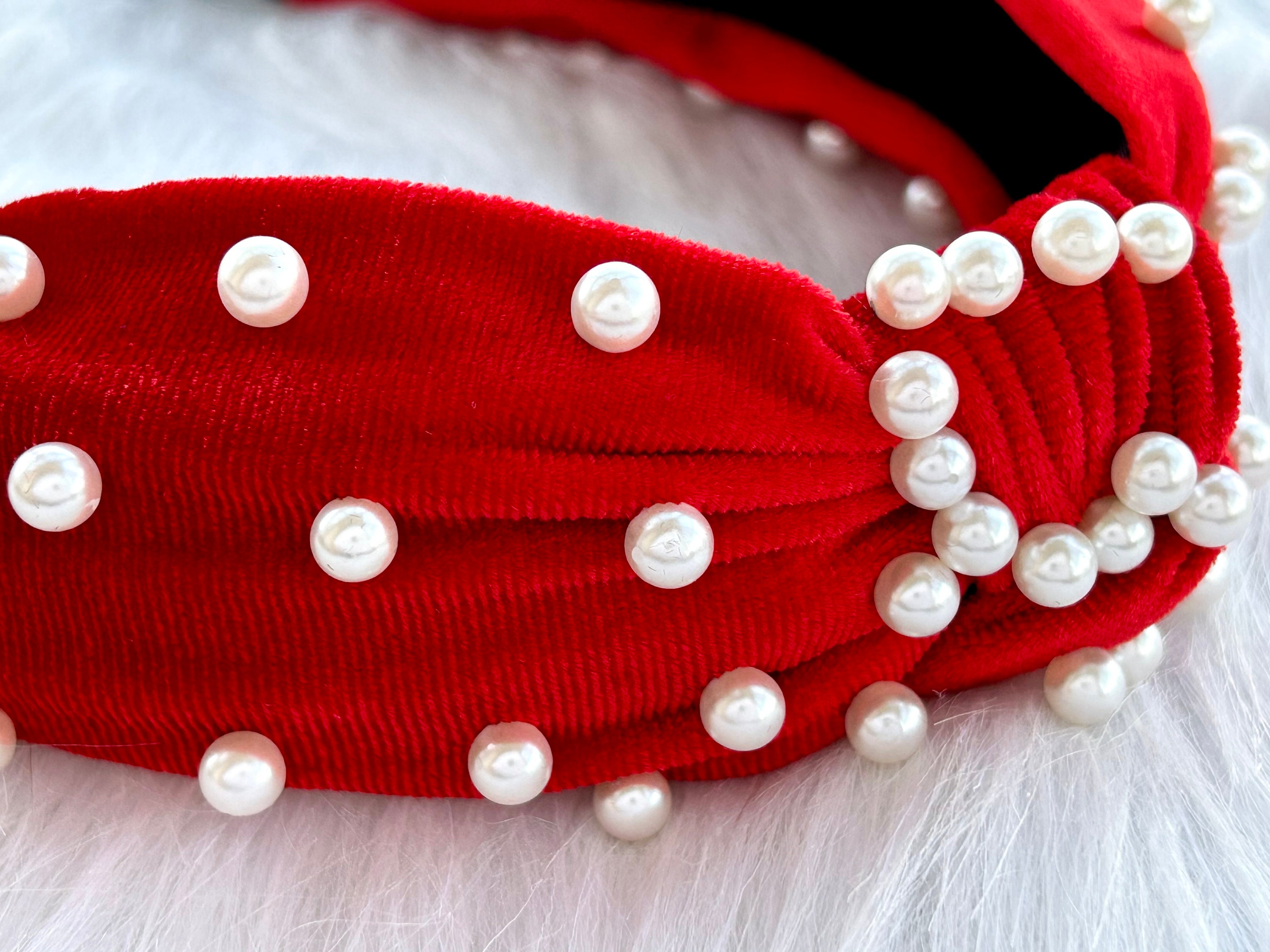 Elegant Red Velvet Headband, Top Knot, Delicate Pearl  display picture 1