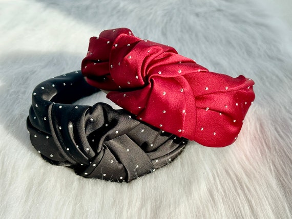 Black Satin Knotted Headband, Rhinestone Headband, Wide  display picture 1