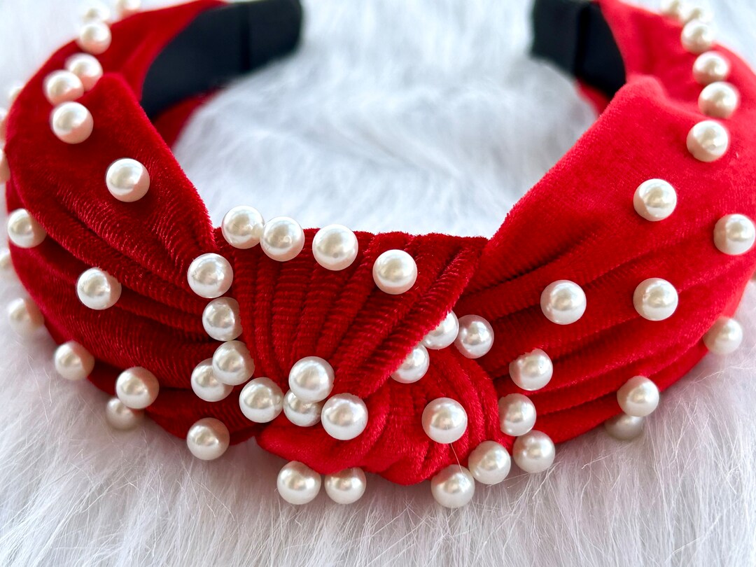 Elegant Red Velvet Headband, Top Knot, Delicate Pearl Headband,headband for Women,knotted