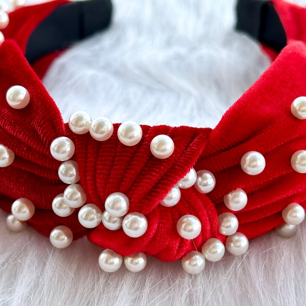 Elegant red velvet headband, top knot, delicate pearl headband,Headband for Women,Knotted Headband,Hair Accessories