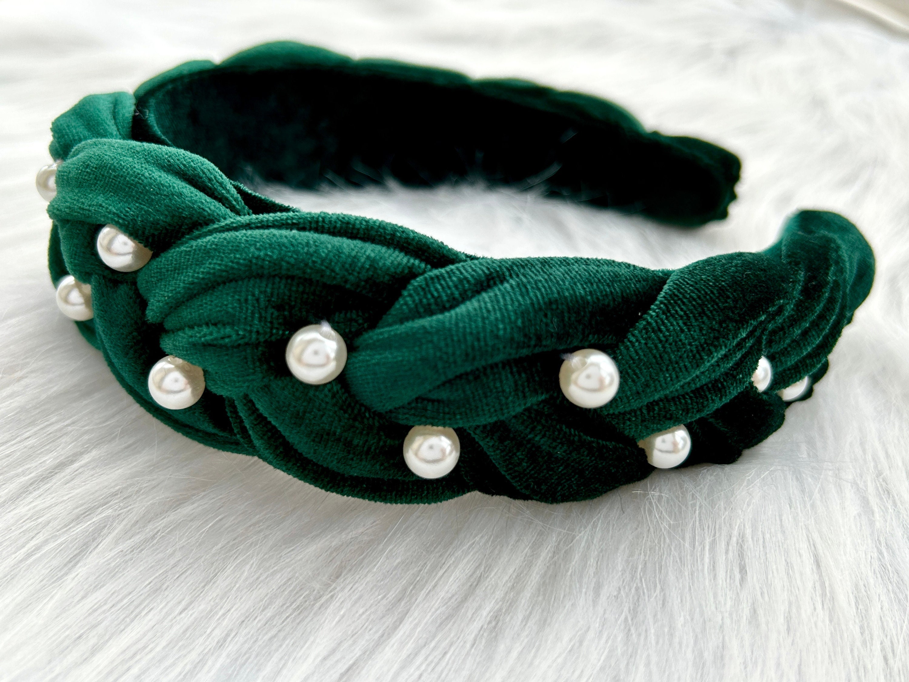 Green Velvet Headband,pearl Beaded Braided Hairband,women  display picture 2