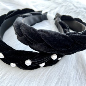 Chunky Velvet Braid Headband,Black velvet HairAccessories,Braided Plait   Plaited Hairband, pearl hair band