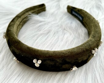 Military green Velvet Hairband,Womens headband,Exquisite Artificial diamond Velvet  Hairband,Wide headband,Best friend gift, Hair gift