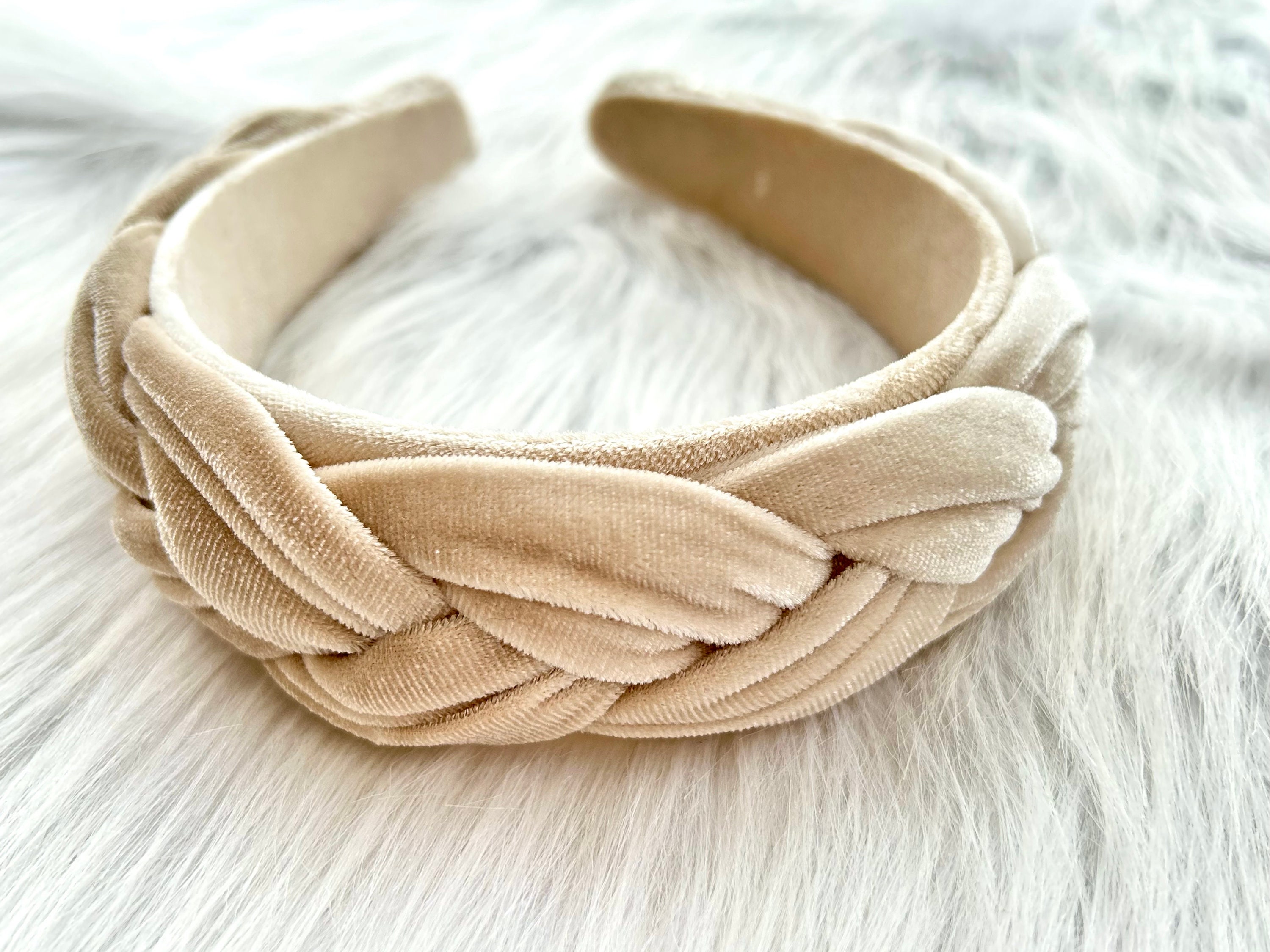Beige Velvet Braided Hair Band, Vintage Elegant Hair Band, Bridesmaid