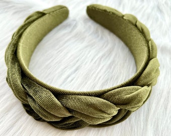 Banda de pelo trenzada verde militar premium, banda de pelo trenzado de terciopelo, banda de pelo elegante vintage, diademas para mujeres, diadema Boho