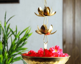 Lotus Shaped Hanging Urli Pot for Floating Candles Flower Diya Decorated Home Decoration Diwali Decore and Gift Item with 8 hanging Lotus.