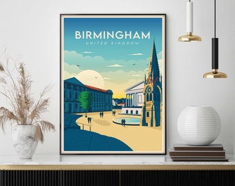 Birmingham Print, West Midlands Travel Poster, Travel Art Gift, Vintage Wall Art Print