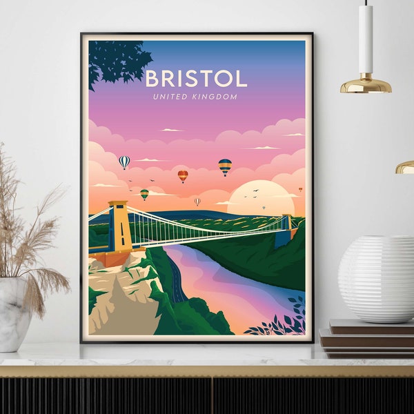 Bristol Print, Clifton Suspension Bridge Retro Travel Poster | Balloon Fiesta Wall Art | Hot Air Balloon Art Print | Bristol City Panoramic