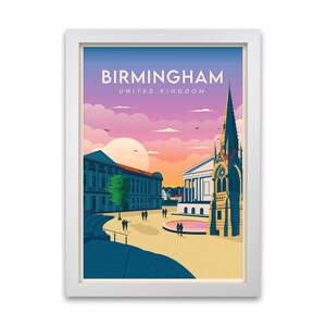 Birmingham Print Retro Travel Poster of the Midlands Birmingham Skyline Wall Art Birmingham UK Print Caravan & Motorhome Gifts White Grain Frame