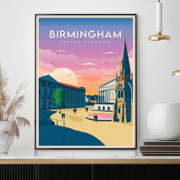 Birmingham Print - Retro Travel Poster of the Midlands | Birmingham Skyline Wall Art | Birmingham UK Print | Caravan & Motorhome Gifts