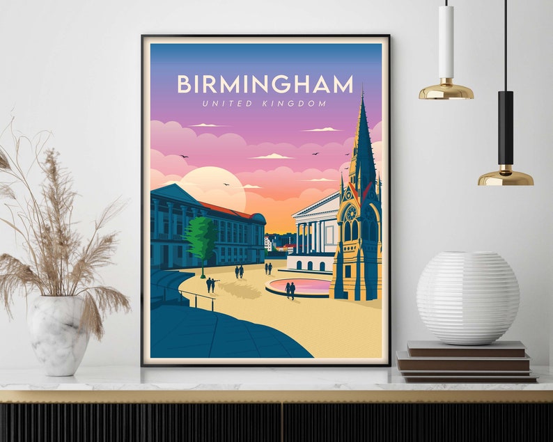 Birmingham Print Retro Travel Poster of the Midlands Birmingham Skyline Wall Art Birmingham UK Print Caravan & Motorhome Gifts image 1