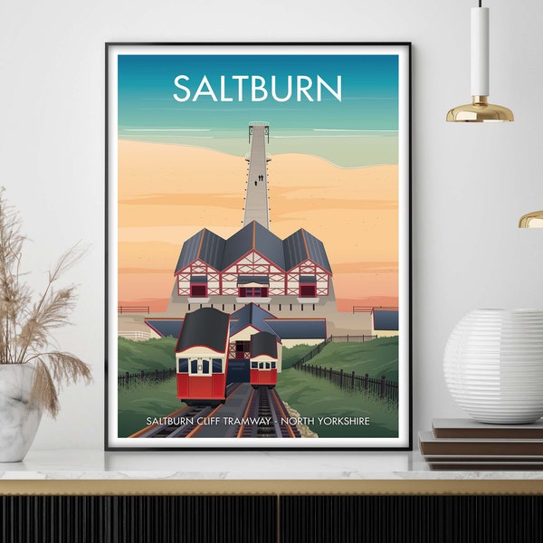 Saltburn Print, Redcar and Cleveland Retro Travel Poster | Saltburn by the Sea Wall Art | Saltburn Cliffs Tram Artwork | Seaside Art Gifts