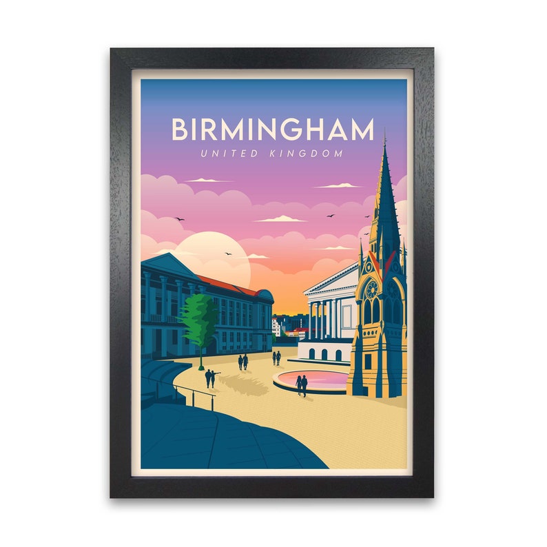 Birmingham Print Retro Travel Poster of the Midlands Birmingham Skyline Wall Art Birmingham UK Print Caravan & Motorhome Gifts Black Grain Frame