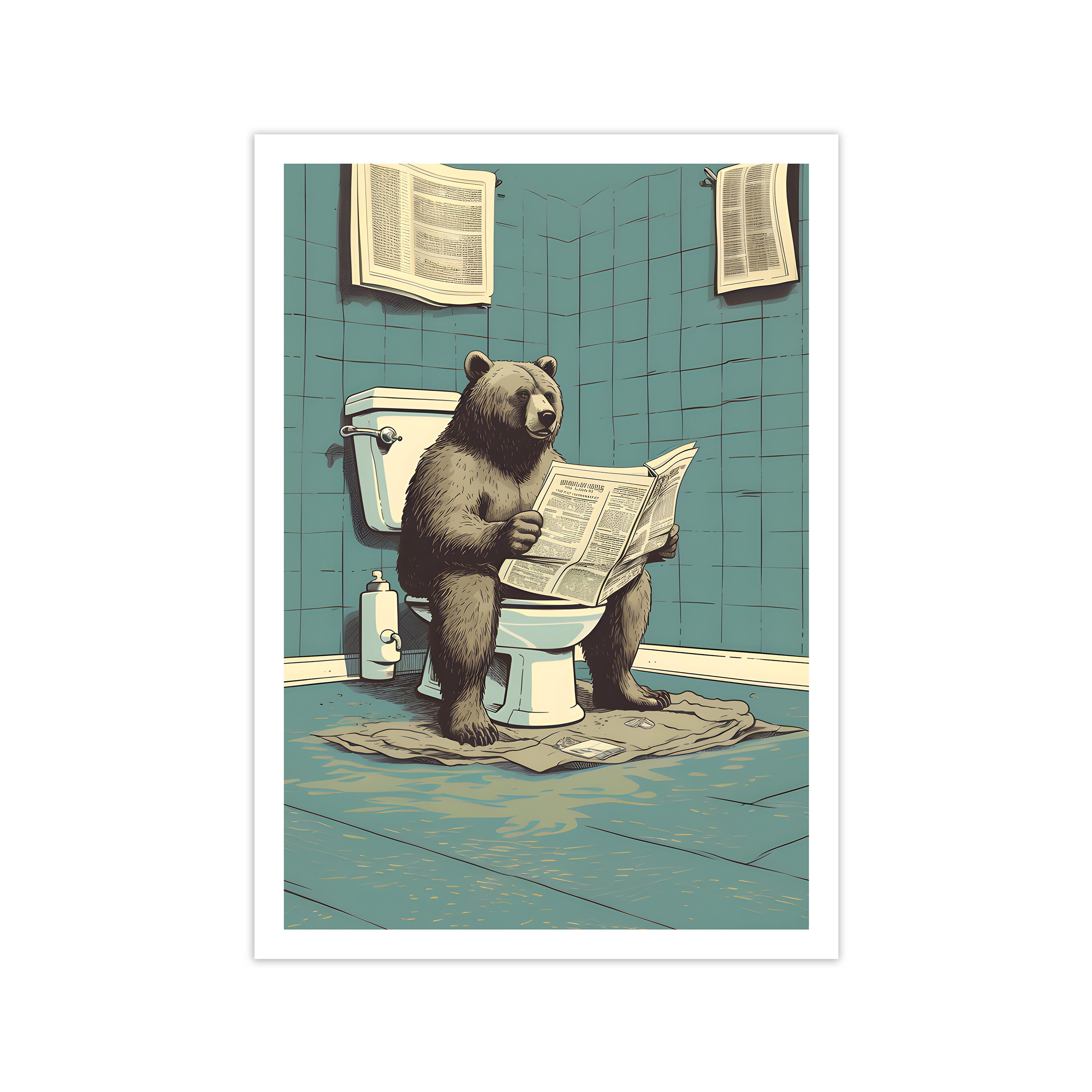 Bear on Toilet Print Funny Toilet Poster Bathroom Animal Etsy